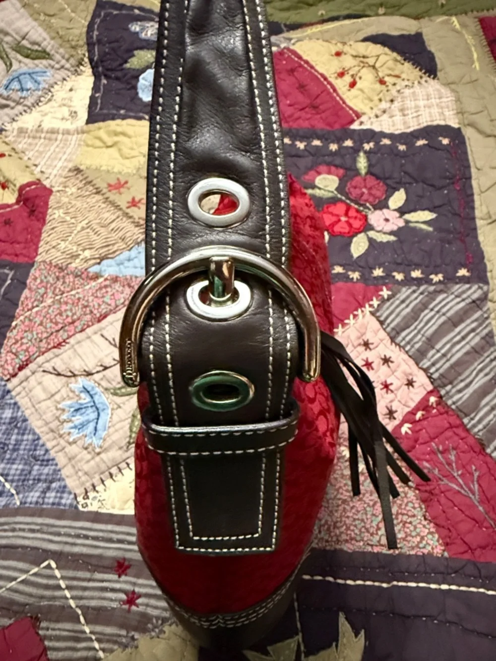 Red and chocolate large soho boho Coach purse - Picture 3 of 9